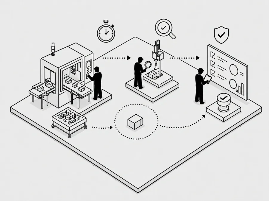 Production-route diagram showing a bounded test and result review